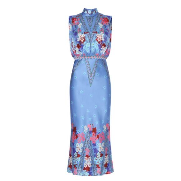 Saloni Blue Fleur Silk Tie-Back Mock Neck Gown - Picture 8 of 8